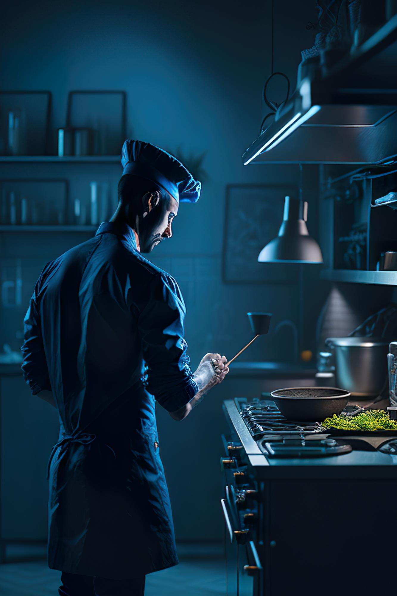 Modern test kitchen with chef and instruments