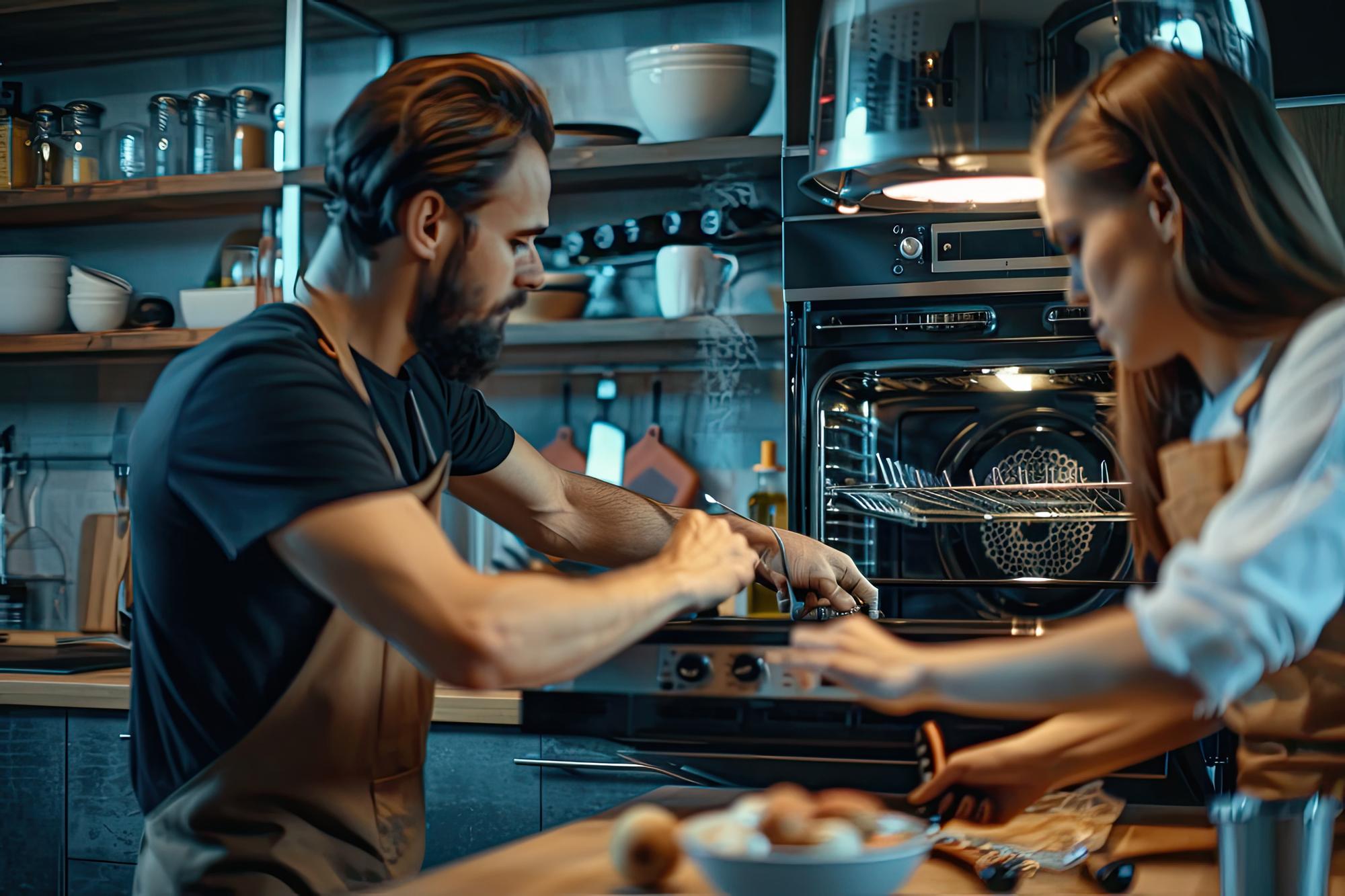 Chef and assistant working with compact tech appliances